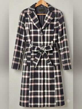 Plaid Belted Trench mid length Overcoat with notched lapels